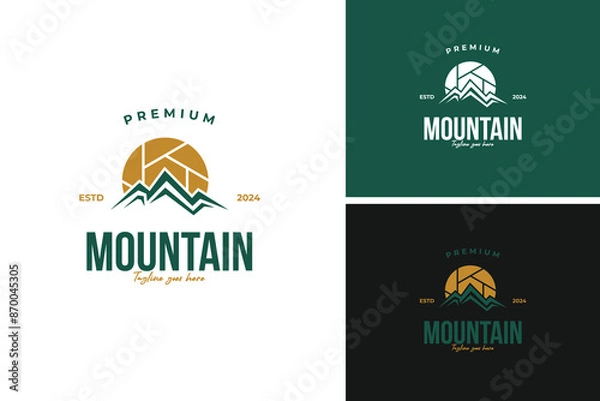 Fototapeta Camera lens with a mountain reflection logo design, ideal for a photography business specializing in nature and landscapes. Vector illustration template idea