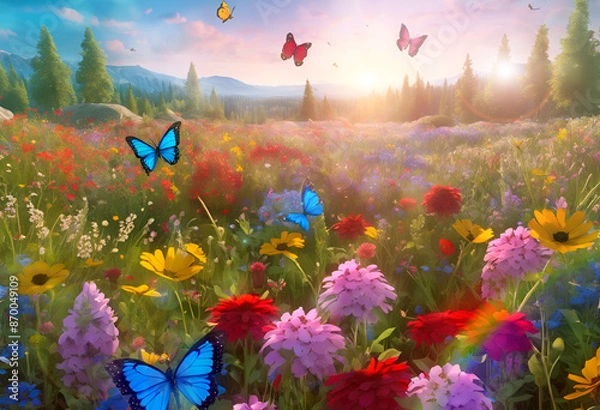 Obraz Butterflies in a wildflower meadow at sunrise with bokeh, lens flare and rainbow effects, nature background