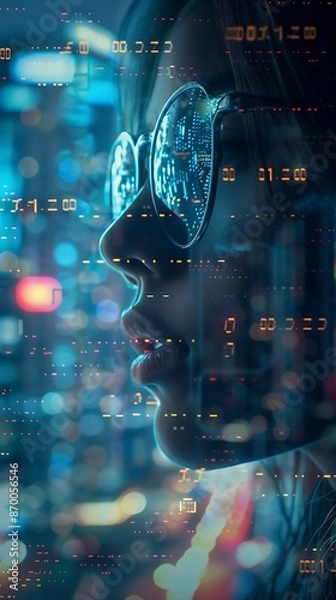 Fototapeta Portrait of a blonde caucasian woman data analyst in information technology letting see data flow , professional business female with copy space