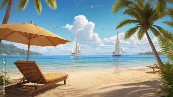 Fototapeta Summer Background Tranquil Beach Scene with Palm Trees and Sailboats Under a Clear Sky
