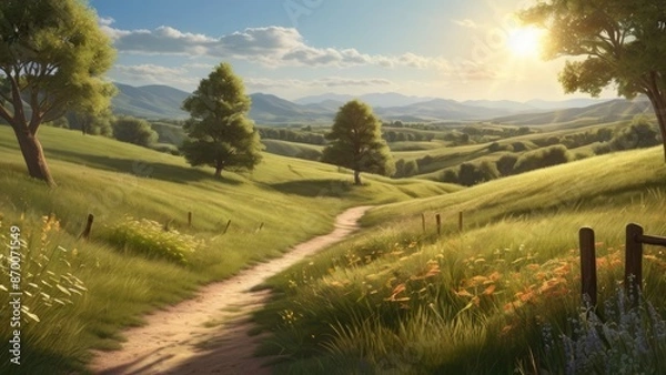 Fototapeta Serene Summer Landscape with Rolling Hills and a Setting Sun