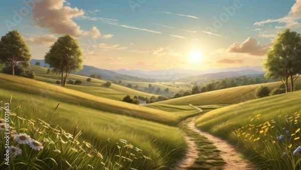 Fototapeta Serene Summer Landscape with Rolling Hills and a Setting Sun