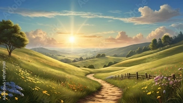 Fototapeta Serene Summer Landscape with Rolling Hills and a Setting Sun