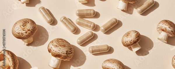 Fototapeta An overhead view of mushroom supplements