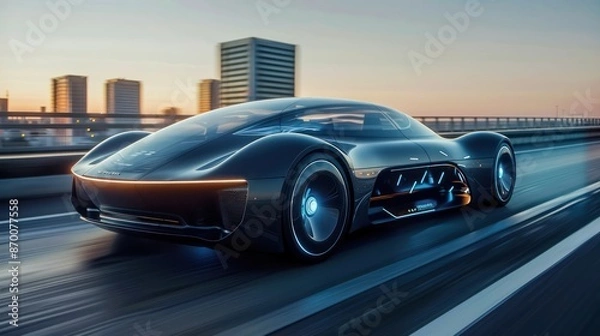 Fototapeta Autonomous Futuristic EV Luxury Sports Car Speeding on Highway for Transportation Concepts - Wide Banner with Copy Space