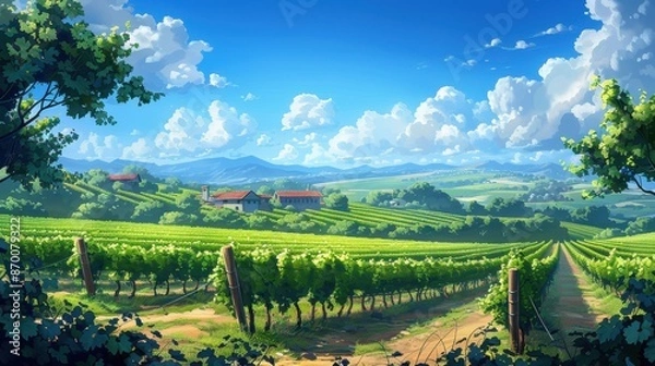 Fototapeta A lush green vineyard with rows of grapevines, a blue sky, and a distant farmhouse, illustration background