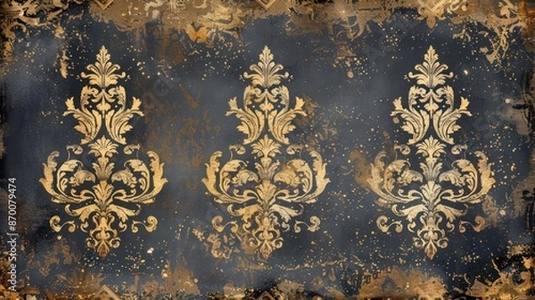 Fototapeta Golden Black Distressed Damask Tapestry Pattern