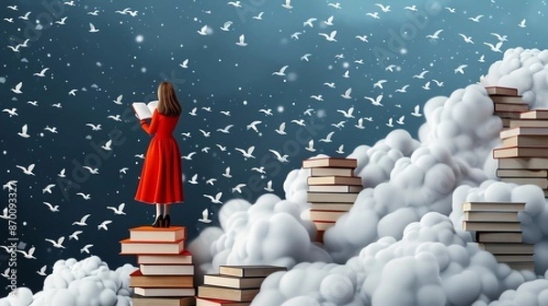 Obraz A girl stands on top of clouds and reads books