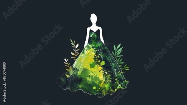 Obraz Artistic illustration of a woman in a green dress with nature-inspired elements and abstract floral details on a dark background.