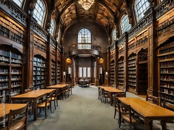 Fototapeta A large and luxurious library with tables and chairs with a large fireplace in the center