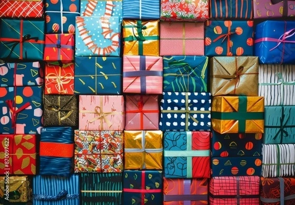 Fototapeta A large pile of wrapped presents are stacked on top of each other. AI.