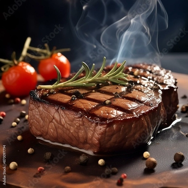 Obraz Grilled steak photoshoot with a smoky backdrop.