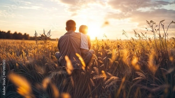 Fototapeta Father and child watching sunset in a wheat field.