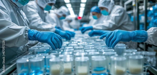 Fototapeta  Worker with blue gloves handling products on a pharmaceutical production line in a cleanroom environment, showcasing the precision and care in modern medicine manufacturing. 