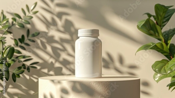 Fototapeta Photorealistic mockup of a white opaque pills bottle on a podium, single light source, vegetal elements background, illustration background
