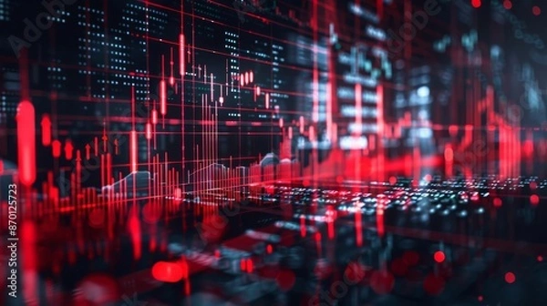 Obraz Red stock market or forex trading chart, abstract finance background. Concept of financial crisis, recession, stock market crash, bear market, and economic downturn.