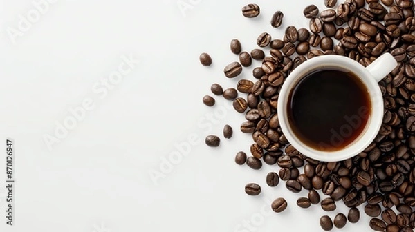 Obraz A top view of a coffee cup surrounded by scattered coffee beans on a white background.