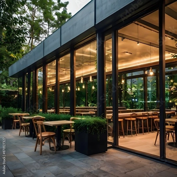 Fototapeta Modern cafe building with large glass windows, evening lighting, Modern architecture.