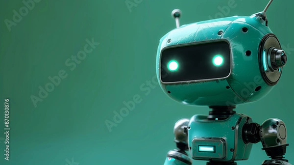 Fototapeta Vintage-style teal robot with glowing eyes on a matching background.