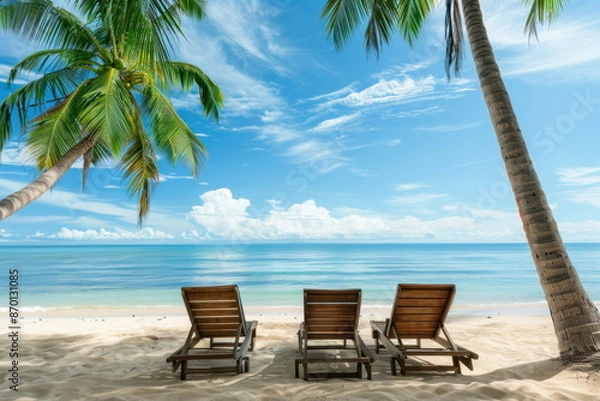 Obraz Beach chairs are placed on a beautiful beach with coconut trees.