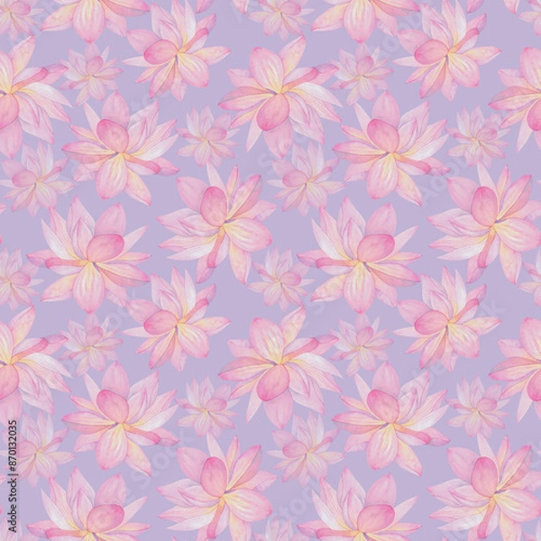 Fototapeta Lotus flowers are pink. Seamless pattern on a lilac background. Hand drawn watercolor illustration. For design, fabrics, textiles, wallpaper, prints, wrapping paper