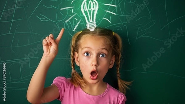 Fototapeta A young girl with a surprised expression pointing upwards, with a lightbulb drawing above his head, symbolizing an idea.