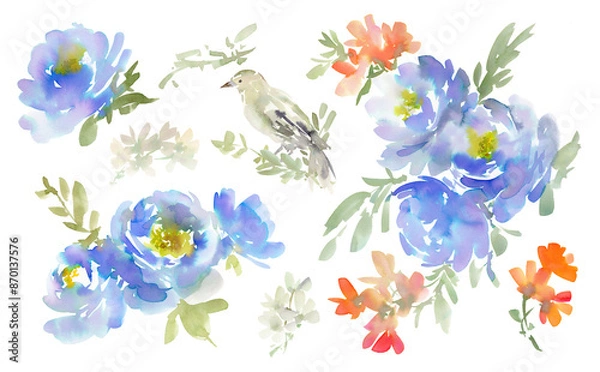 Fototapeta Set of abstract blue flowers and birds painted in watercolor with a transparent background. Elements include watercolor peonies, various flowers, and birds