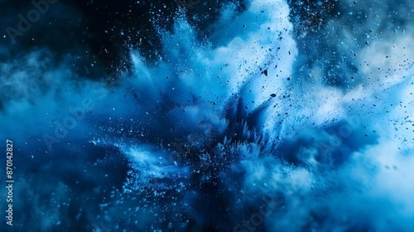 Fototapeta A blue explosion with a lot of blue and white particles. The blue color is dominant and the white color is scattered throughout the image. Scene is intense and chaotic, as if something powerful
