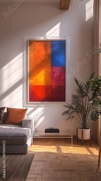 Fototapeta Sleek Floating Acrylic Frame Mockup in Bright Natural Daylight Minimalist Home Foyer Interior
