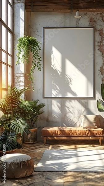 Fototapeta Minimalist Aluminum Frame Mockup in Scandinavian Inspired Home Office with Digital Brush Strokes