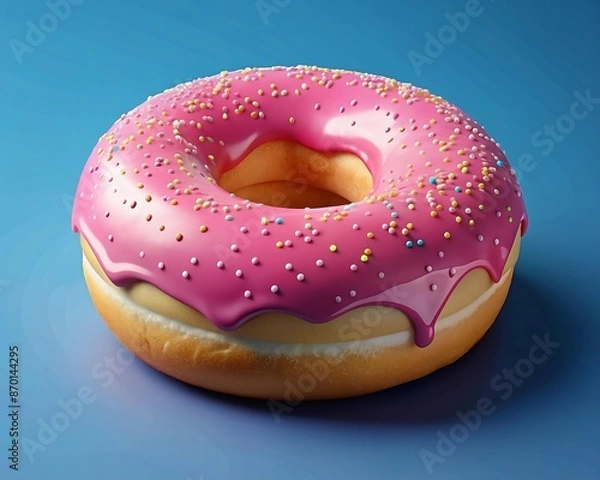 Fototapeta Delicious pink donut with colorful sprinkles isolated on blue background side view. 3d rendering picture