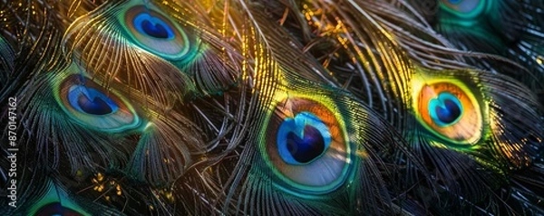 Fototapeta A detailed view of peacock feathers illuminated by sunlight, highlighting their vibrant colors and intricate patterns