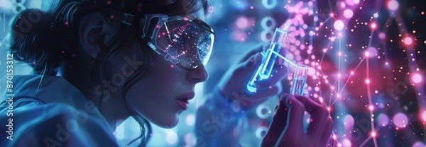 Fototapeta Scientist in a white coat examining DNA sequence in futuristic laboratory setting