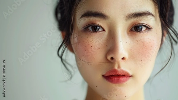 Fototapeta Portrait of a young individual with a serene expression, light makeup, and small freckles, set against a neutral background.