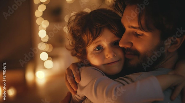 Fototapeta Father and Child Snuggling with Warm Lights, Parenting