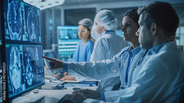 Fototapeta A team of doctors examines detailed medical imaging scans on high-resolution screens in a state-of-the-art hospital, focusing on accurate diagnosis and collaborative healthcare solutions