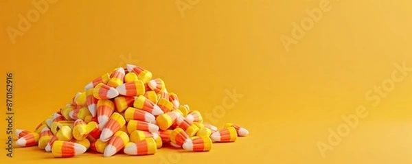 Obraz 3D candy corn pile on a vivid yellow background, left side blank space for marketing