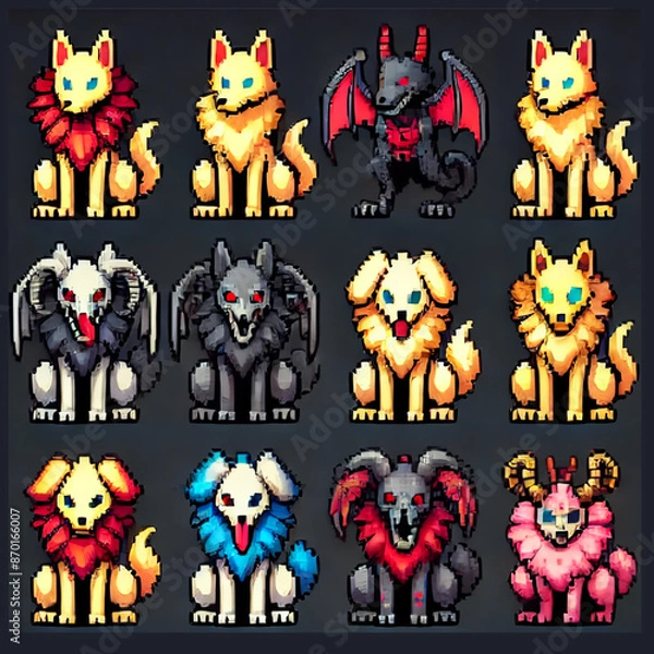 Obraz Cerberus Themed Pixel Art Icons for RPG Sprite Sheet