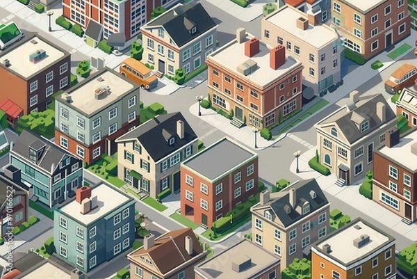 Fototapeta Aerial view of a colorful residential neighborhood with modern houses, streets, and green spaces on a sunny day.