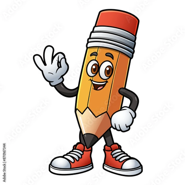 Fototapeta A pencil cartoon character, looking happy and friendly, wearing red shoes and white gloves