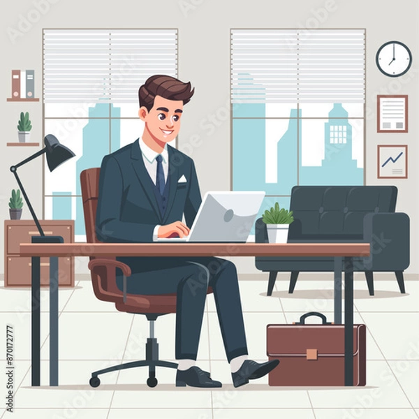 Fototapeta Modern business character working in an office, dressed smartly in a suit, and using a laptop