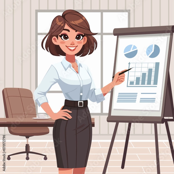 Fototapeta a successful, confidence and enthusiasm businesswoman character with short stylish hair, wearing a blouse and pencil skirt, presenting a project in front of a whiteboard in a conference room.
