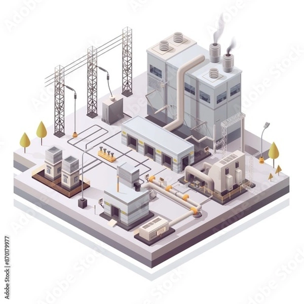 Fototapeta 3D rendering of electrical plant on a white background in isometric view