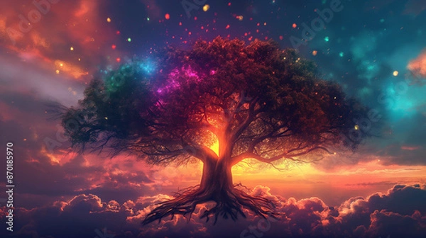 Obraz A beautiful tree of life with vibrant colors, roots at the bottom and branches reaching out to form clouds in the style of fantasy, digital art with glowing highlights against a dark background