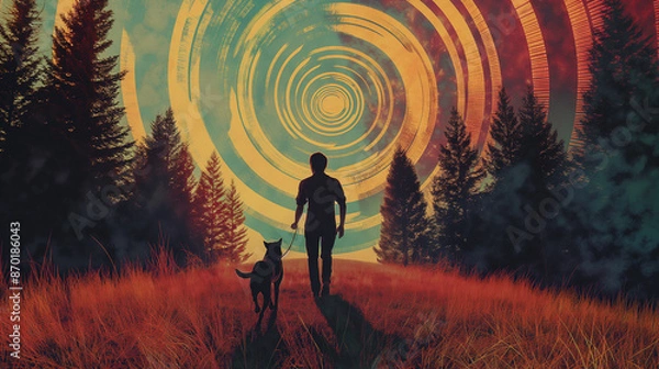 Obraz A man walking his dog in the middle of an endless field surrounded by pine trees, in the style of psychedelic art with vibrant colors and symmetrical patterns, floating spiral shapes around them