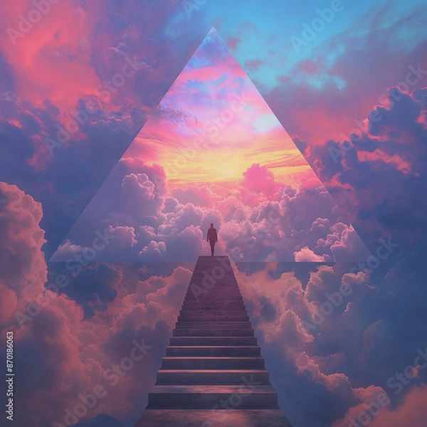 Obraz A man walking up the stairs to a triangular shaped sky with clouds, surreal, bright colors, in the style of hyper realistic photography