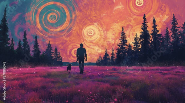 Obraz A man walking his dog in the middle of an endless field surrounded by pine trees, in the style of psychedelic art with vibrant colors and symmetrical patterns, floating spiral shapes around them