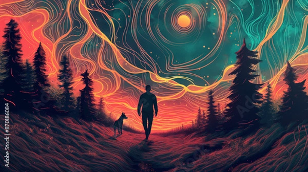 Obraz A man with his dog walking through an endless field of pine trees, the background is a swirling vortex made up of colorful lines and circles in the style of a trippy artwork