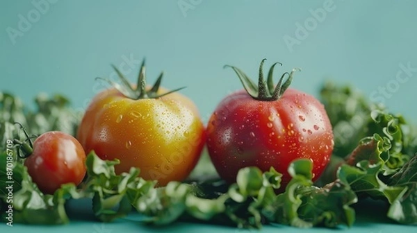 Obraz Tomatoes on top of a green leafy vegetable. The tomatoes are red and yellow, and they are surrounded by the green leaves. Concept of freshness and abundance, as the tomatoes are ripe