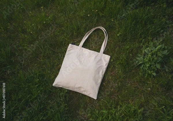 Obraz Tote bag on green grass, mockup. Canvas textile natural tote bag mockup, lying on lawn in nature.